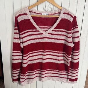 St. John's Bay V-Neck Sweater Red White Stripes Size XL